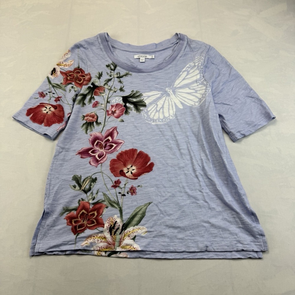 Chico's Women's Size 0 (US S) Blue Floral Butterfly Short Sleeve T-Shirt Top